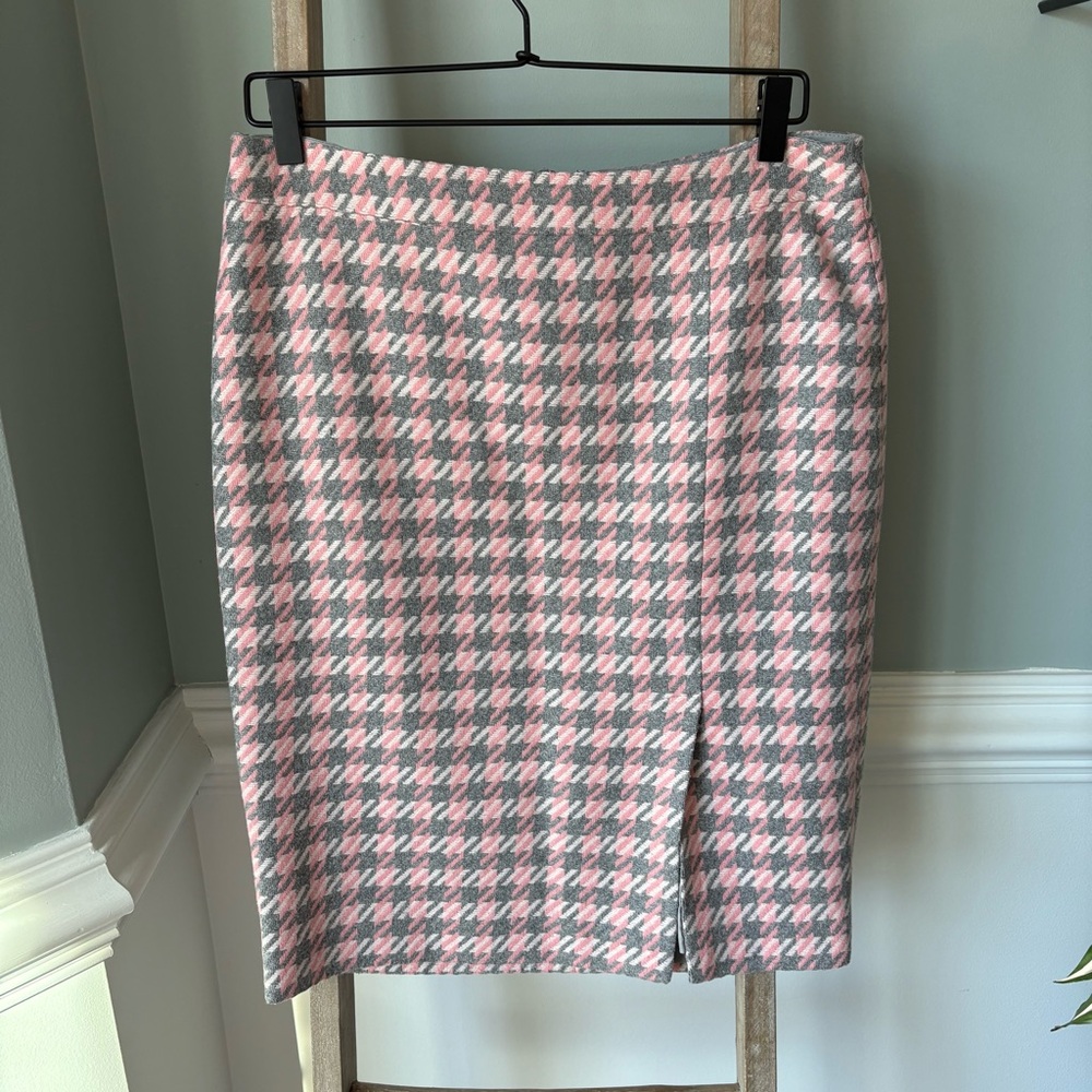 Talbots Pink Grey & White Houndstooth Wool Blend Pencil Skirt Size 8P - 1681